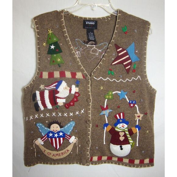 Designer Originals Christmas VEST Sleeveless Sweater USA Theme SZ L Santa Angels - Picture 1 of 6